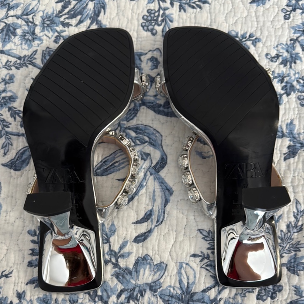 Zara Silver Metallic Jeweled Heels - Picture 7 of 12